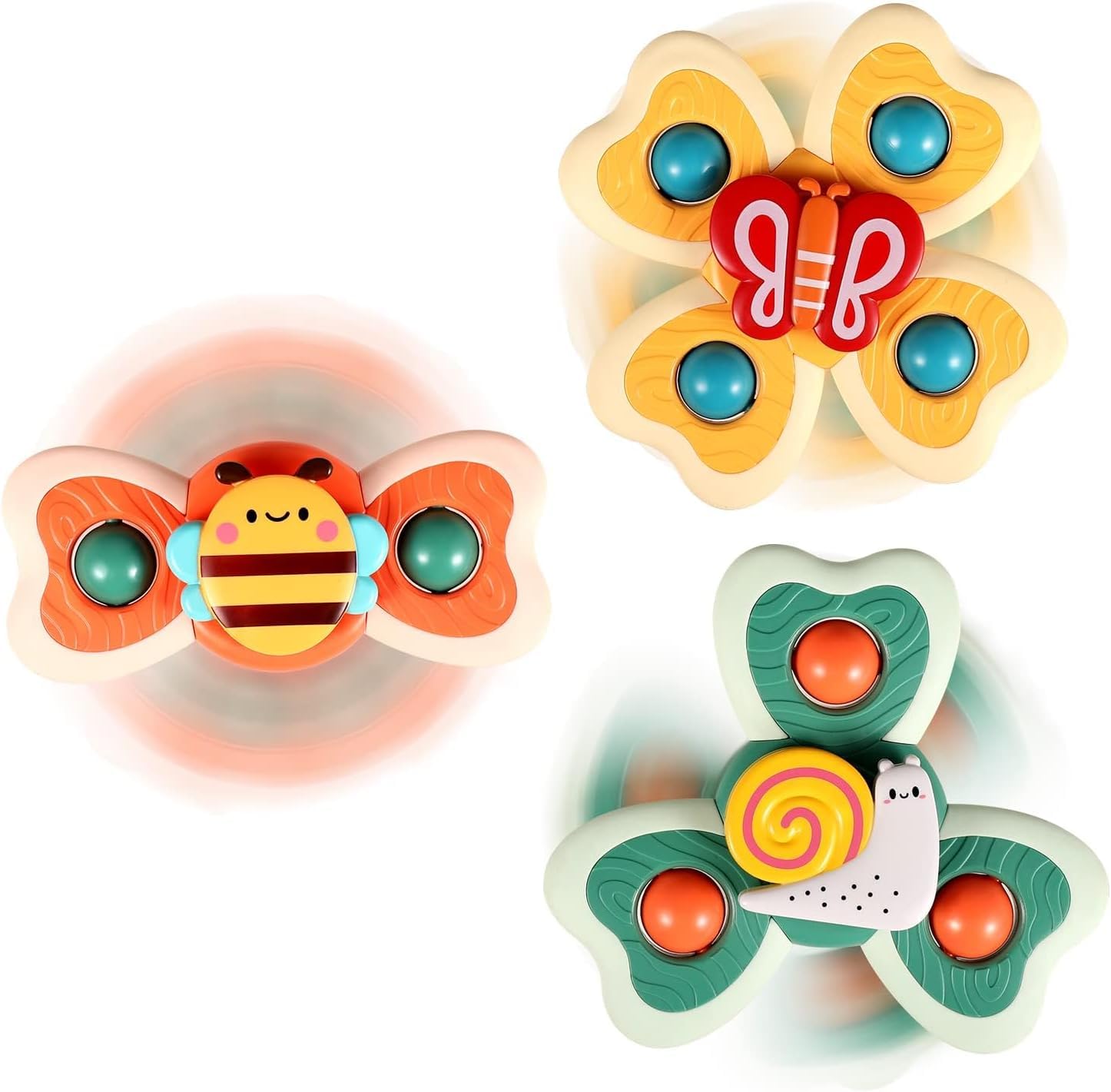 ERMON Pack of 3 Spinners for Babies, Baby Spinner Toys with Suction Cup, Silicone Simple Dimple, Colourful Suction Spinner Toys, Spinning Tops (Bee)