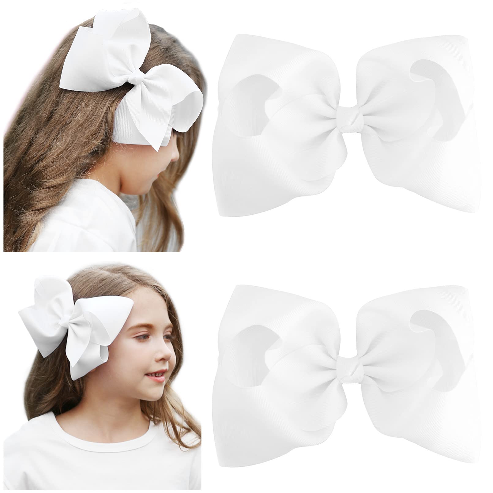Photo 1 of DEEKA 2 PCS 8" Big Hair Bows Hand-made Grosgrain Ribbon Solid Color Large Bows Alligator Clips Hair Accessories for Girls Set of 2 -White