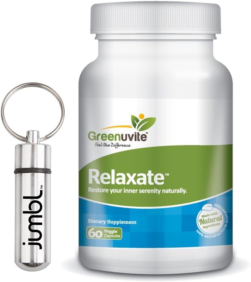 Relaxate by Greenuvite™ Natural Relaxation Supplement - 60 Capsules - with Free Jumbl™ Pill Dispenser Keychain