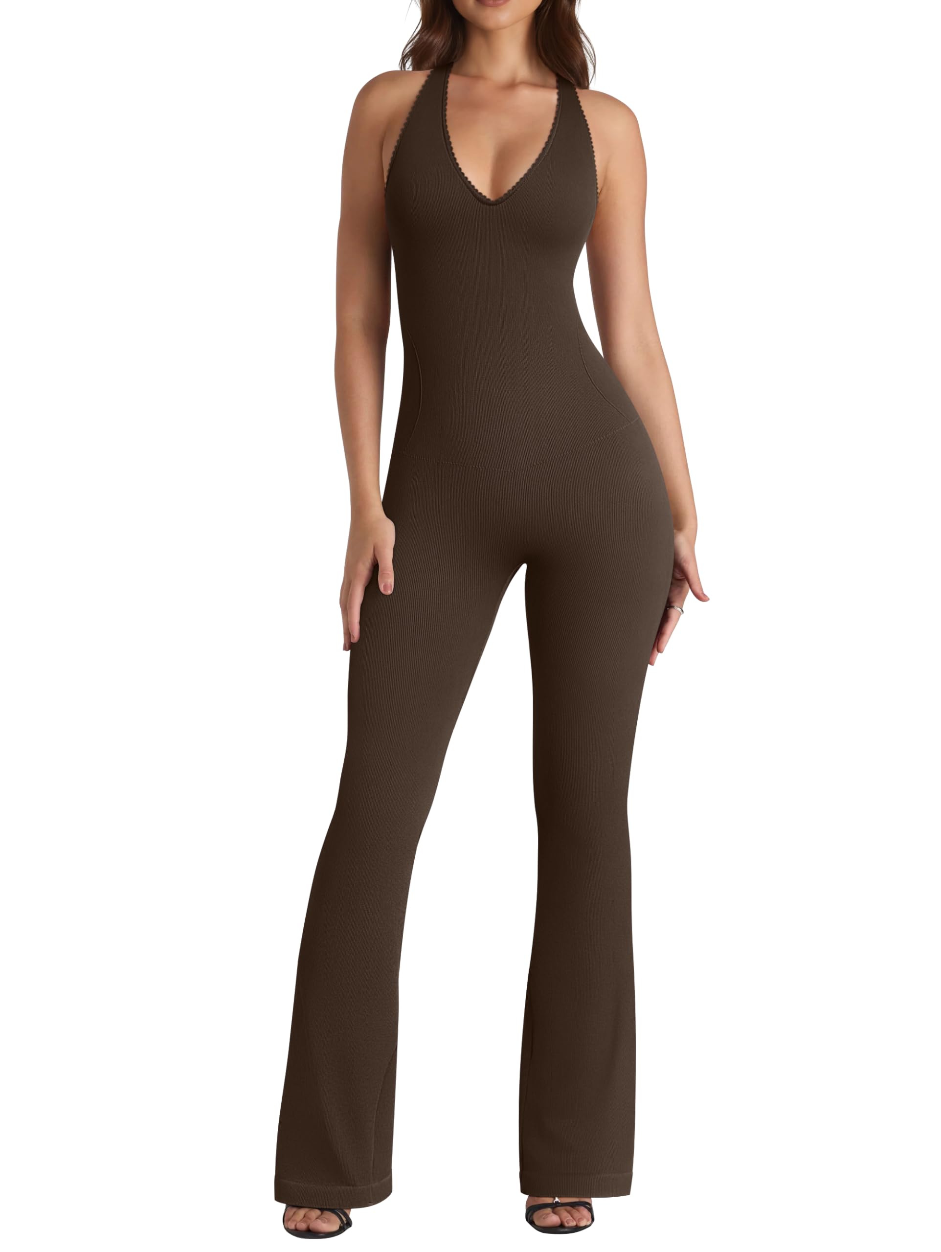 Photo 1 of OQQ Jumpsuits for Women Fall Winter Halterneck Sleeveless Lace-Trim Flared Jumpsuit Darkbrown