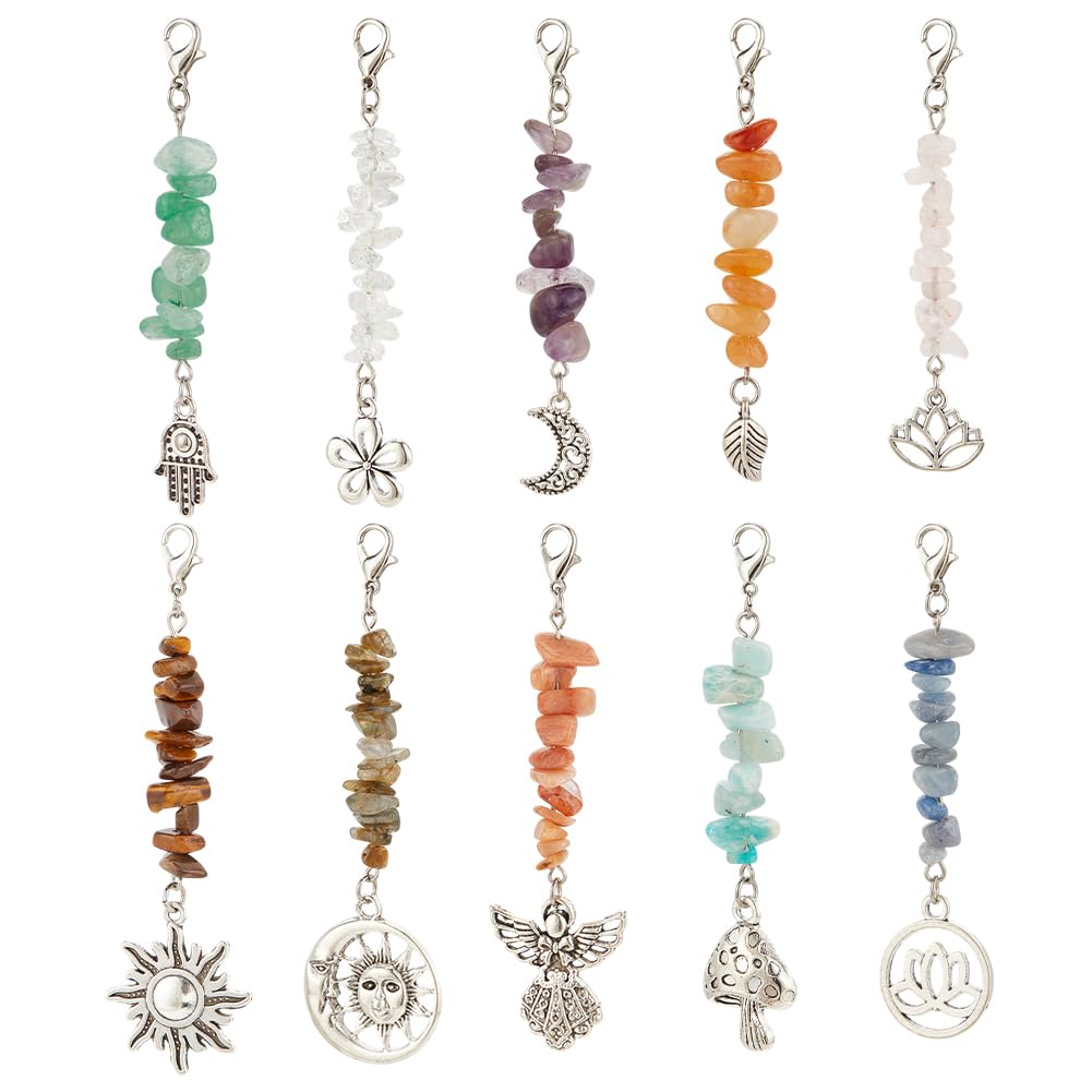 MAYJOYDIY 10Pcs Crystal Keychain Charms Natural Gemstone Pendant Sun Moon Leaf Flower Gemstone Keychain Bead Pendant Decorations for Jewelry Making DIY Craft Gift