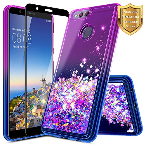 NageBee For Huawei Honor 7X Case, Huawei Mate SE Case w/[Full Coverage Tempered Glass Screen Protector] Quicksand Liquid Floating Glitter Flowing Shiny Sparkle Bling Cute Case (Purple/Blue)