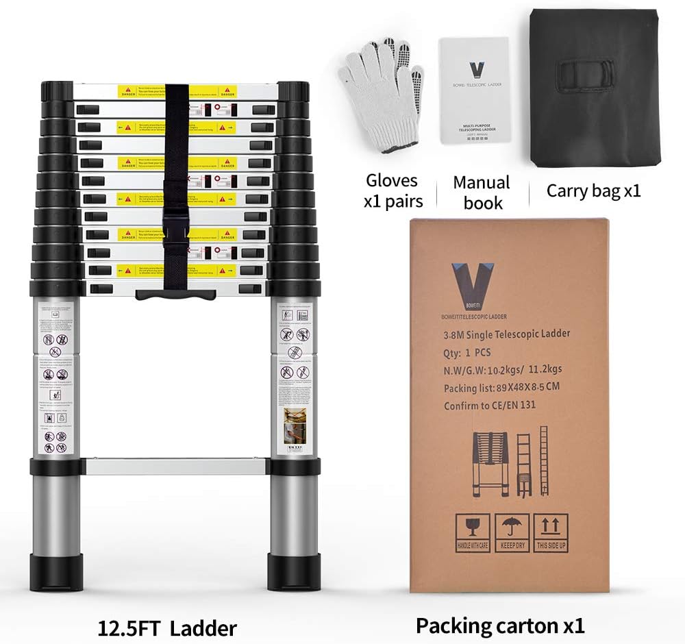 Telescoping Extension Ladder 12.5FT, Aluminum Telescopic Ladders with Carry Bag for Outdoor Indoor Use - - 