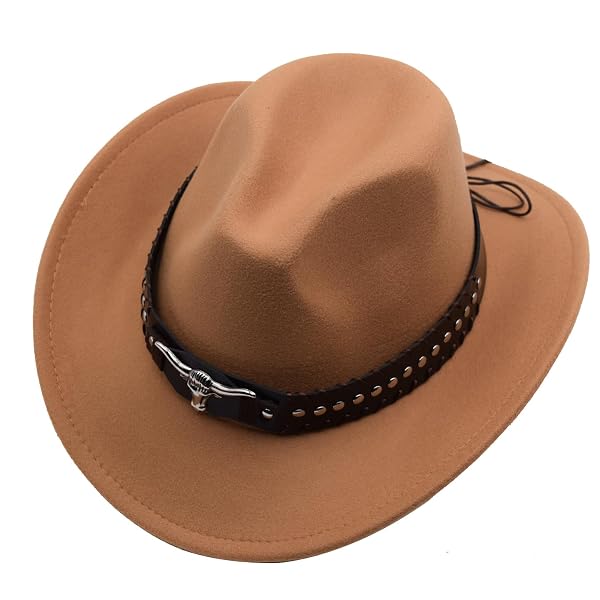 IFSUN UNISEX WESTERN COWBOY HAT FUR FELT COWGIRL HATS WIDE BRIM WITH BELT BUCKLE BEIGE