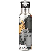 Insulated Water Bottle for Men Women, Gray Cats Sport Water Bottles, 600ml (20oz) Stainless Steel Gym Water Bottle, Kids Cups With Straws and Lids Leak Proof Thermos for Hot Drinks&Cold Drinks
