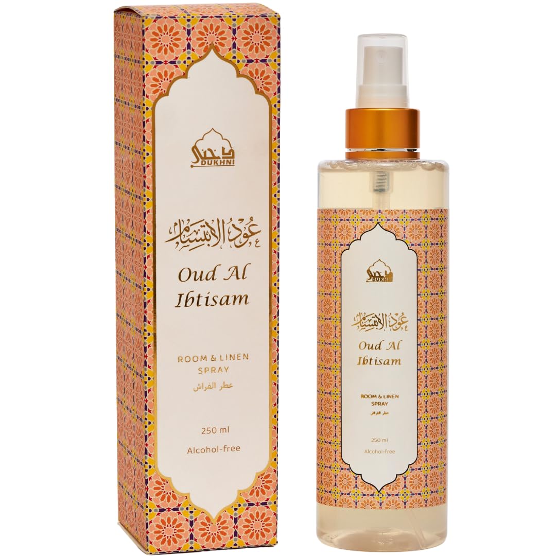Oud al Ibtisam Arabic Room Spray by Dukhni | 250ml Oud fragrance for Ramadan, Eid | Air Freshener, Attar al Faraash for home & prayer mats | Bed linen, Sofa Mist, natural home scent, odour eliminator
