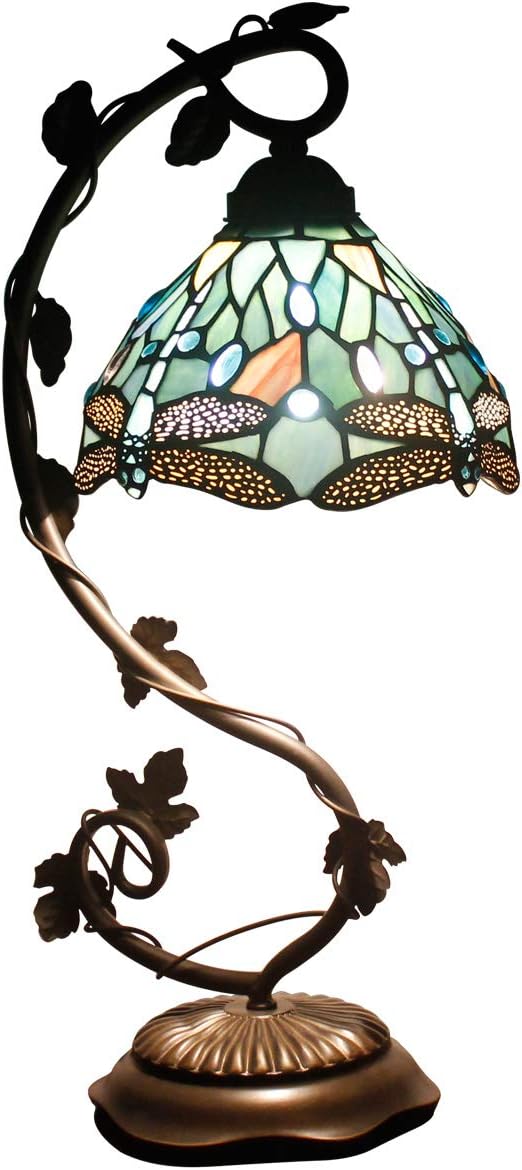 Tiffany Lamps Stained Glass Table Desk Reading Lamp Crystal Bead Sea Blue Dragonfly Style Shade W8H22 Inch For Living Room Bedroom Bookcase Dresser Coffee Table S147 WERFACTORY