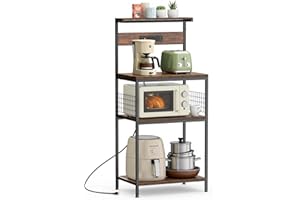 Sweetcrispy Kitchen Bakers Rack with Power Outlet, Coffee Bar Table 4 Tiers, Microwave Oven Stand Station, Adjustable Storage Shelf Freestanding Appliance Organizer - 23.6 Inch, Rustic Brown
