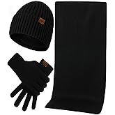 Mens Winter Hat Scarf Glove set for Men 3 Pcs Touchscreen Anti Slip Gloves Knit Stretchy Beanie Hats and long Scarfs Set