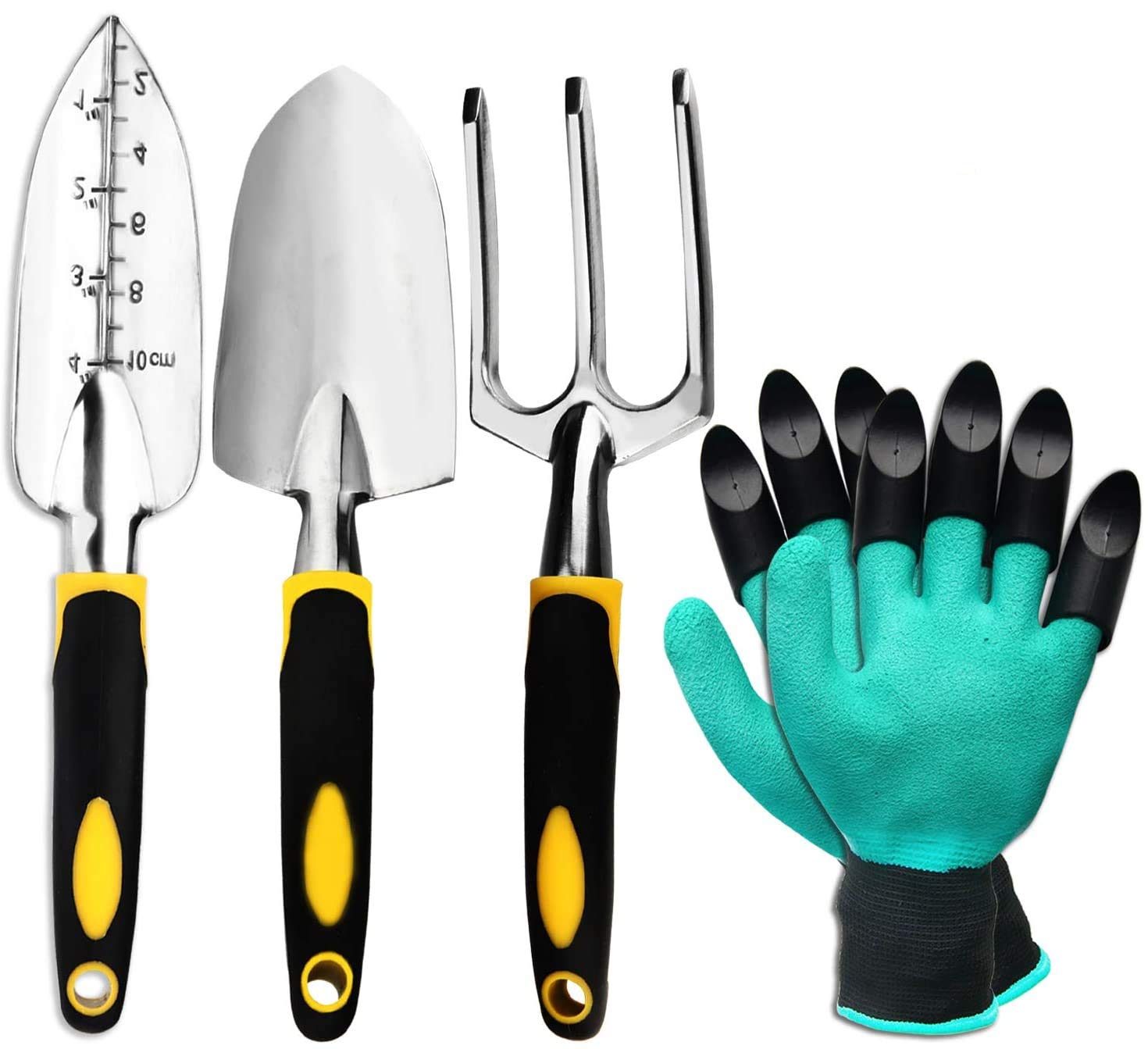 Garden Tool Set, 4 Pack Including Trowel, Cultivator Hand Rake, Transplant Trowel, Gardening Gloves, use for Weeding, Loosening Soil, Digging, Transplanting
