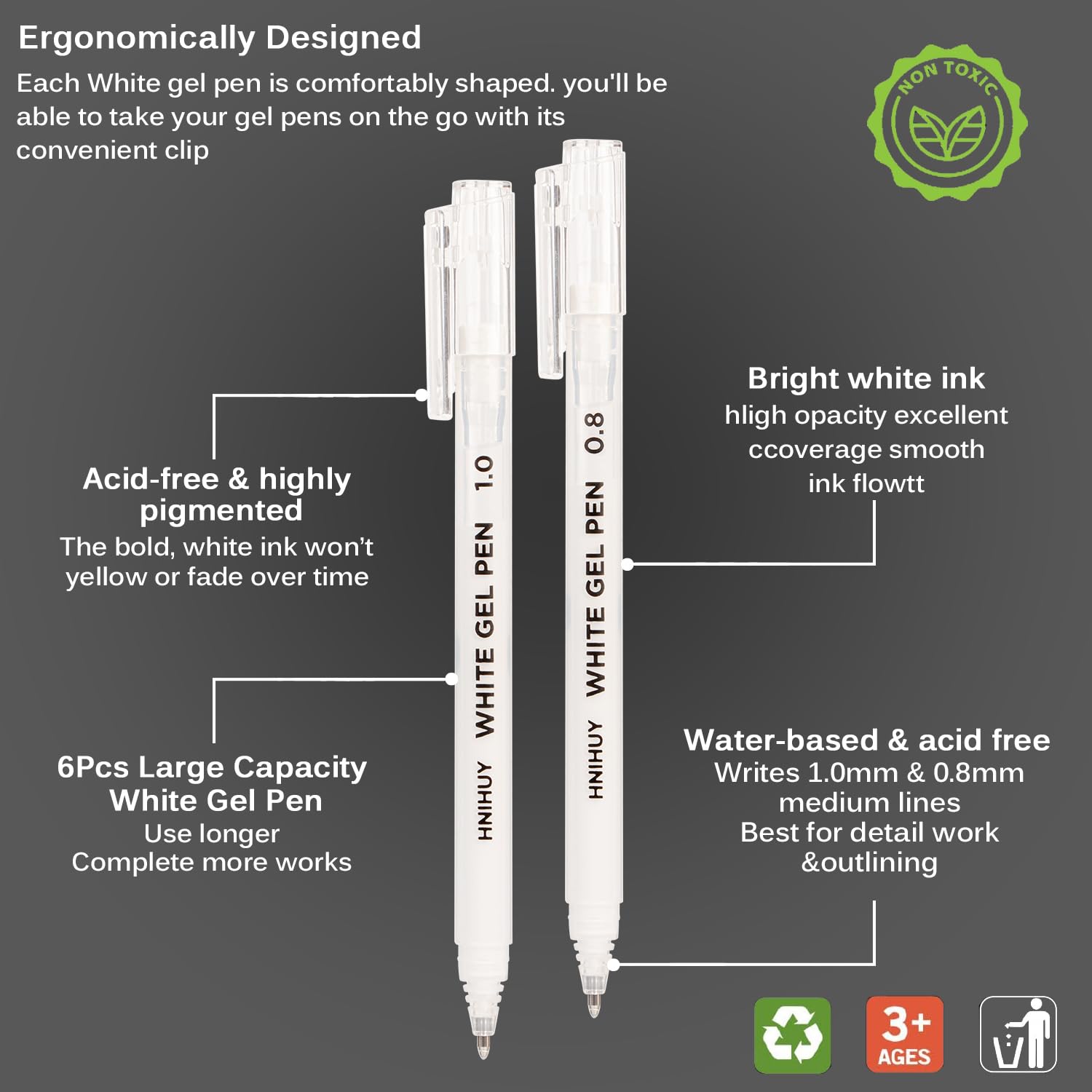HNIHUY White Gel Pens,1mm, 0.8mm Fine Point Opaque White Archival Ink Pen for Black Paper Drawing, Sketching, Illustration, Bullet Journaling, Pack of 6