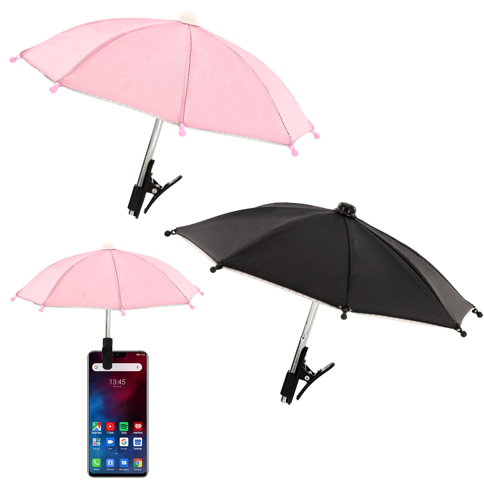Photo 1 of 2 PCS Phone Umbrella for Sun, Mini Umbrella for Phone with Clip Bracket, Used to Shade The Device and Prevent Dizziness, Suitable for Beach, Pool, Outdoor (Black + Pink)