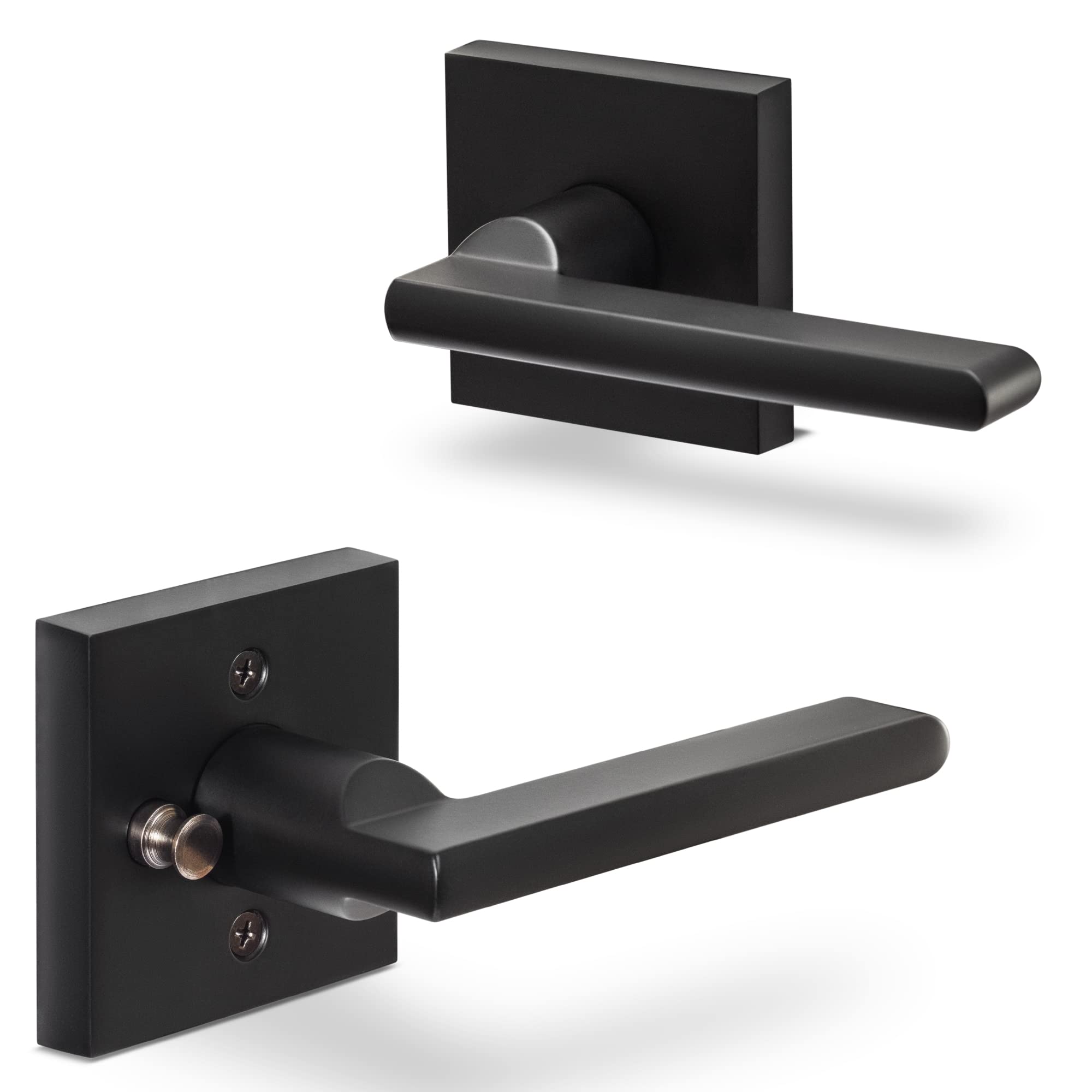 Hentel Privacy Door Lever, Door Lever with Lock, Locking Door Handle Set for Heavy Duty Interior Bathroom Bedroom Door Handles Keyless Locksets, Reversible for Left Right Side Handed, Matt Black