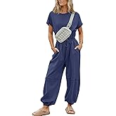 Flygo One Piece Jumpsuits for Women Crewneck Short Sleeve Casual Wide Leg Long Pants Drawstring Rompers Outfits with Pockets