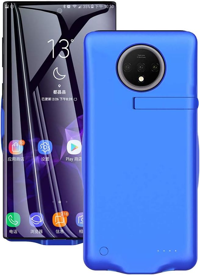 Battery Case for OnePlus 7T, HONTECH One Plus 7T Battery Case, 6500mAh Portable Charger Extended Rechargeable Battery Backpack Charging Protective Cover with Built-in Stand 6.55 inch 2019 (Blue)