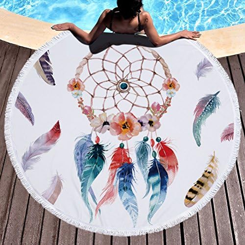Round Beach Towel Large Mandala Beach Towel Blanket with Tassels Ultra Soft Super Water Absorbent Multi- Purpose Beach Throw 59 inch (Dream Catcher 4)