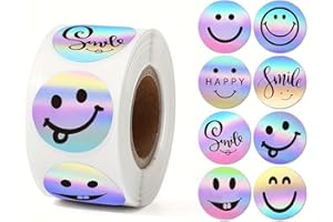 500pcs/Roll 8-Pattern Rainbow Holographic Stickers, Shiny Metallic Smile Face Thank You Stickers, Roll Holographic Adhesive L