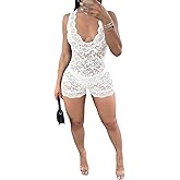 WDIRARA Women's Lace Sheer Deep V Neck Sleeveless Romper Sexy Shorts Jumpsuit Clubwear