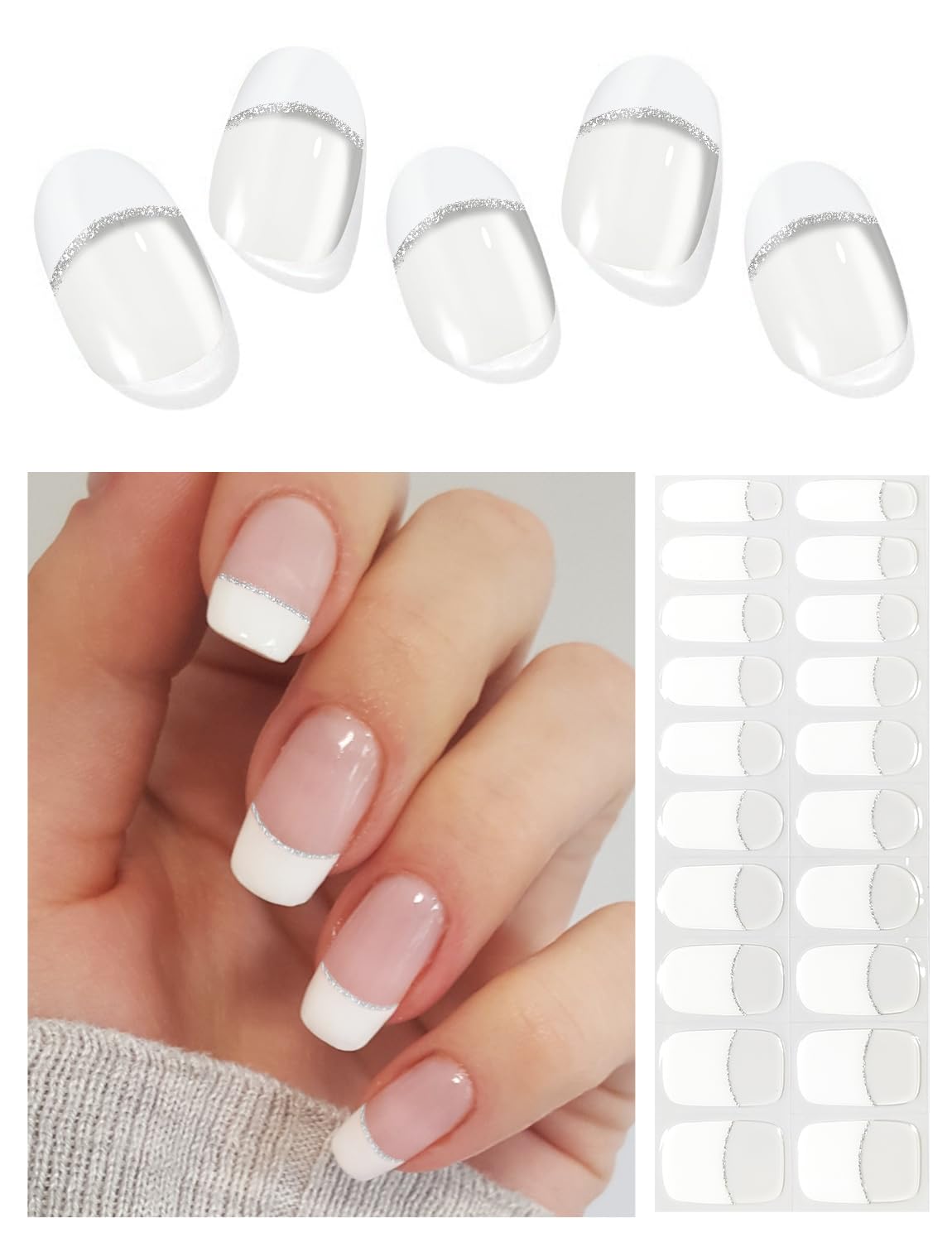AutyaMee Semi Cured Gel Nail Strips (A White French Tip), Clear Base, 20 Pcs Gel Nail Wraps, Stickers, UV Light Required, Salon Quality, Long Lasting