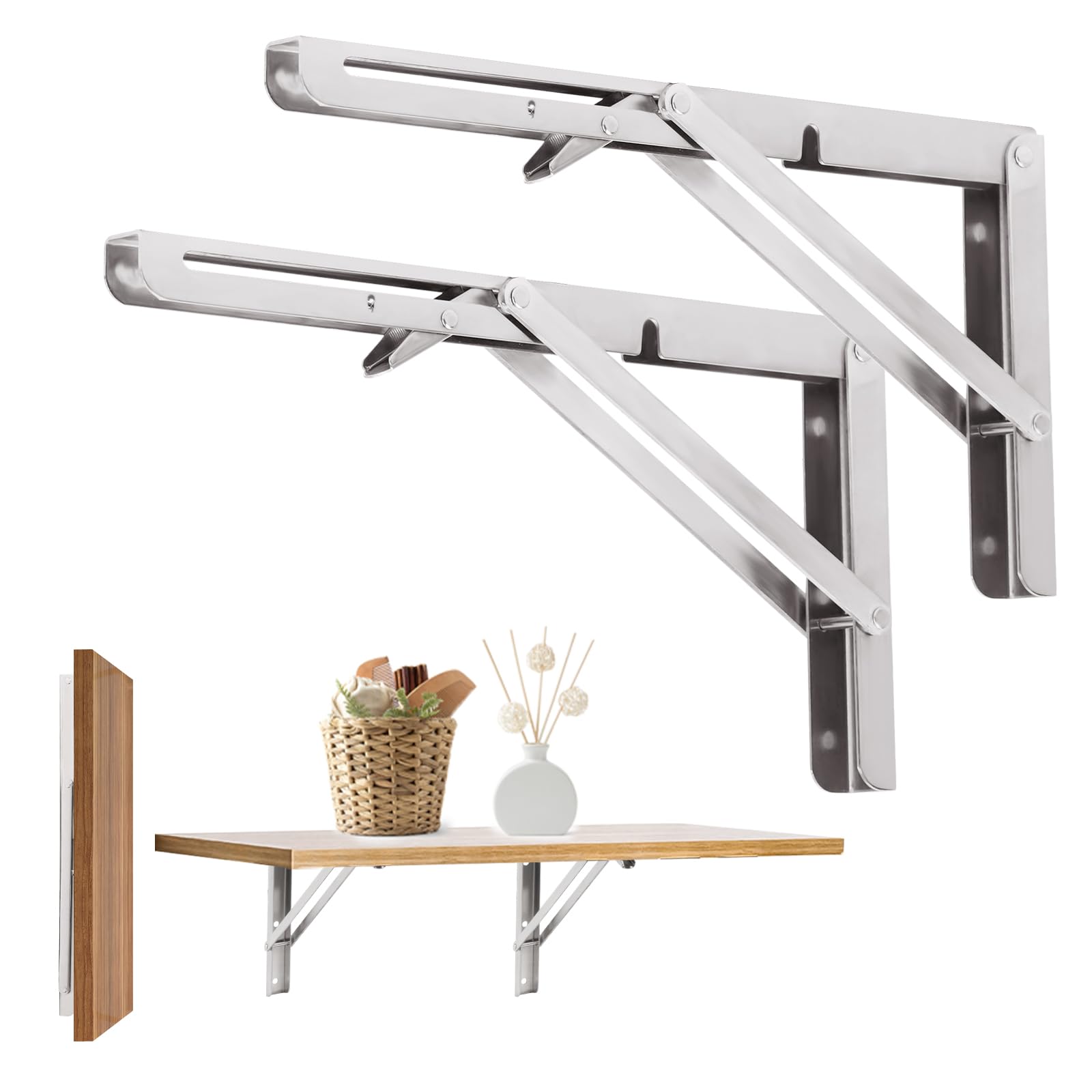Folding Shelf Brackets 8 Inch, Heavy Duty Stainless Steel Triangle Wall Mount Collapsible Shelf Bracket for Bench Table, Shelf Hinge DIY Bracket Max Load, Packs of 2 (8 Inch)