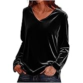 Womens Velvet Tops V Neck Long Sleeve Tunic Shirts Dressy Casual Loose Blouses Cocktail Evening Party Outfits