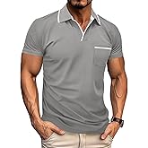 Men's Polo Shirt Short Sleeve V Neck Casual Classic Lightweight Tees Golf Stylish T-Shirt with Pocket