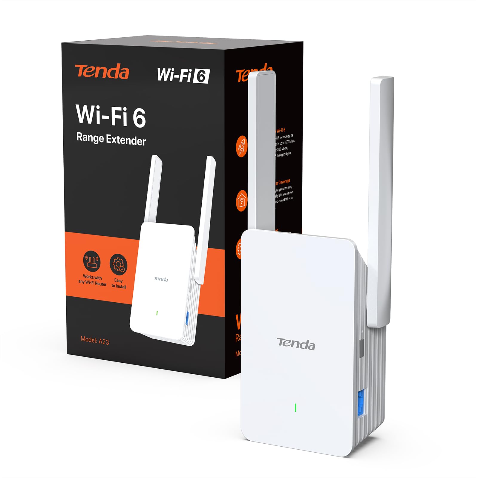 Tenda WiFi 6 WLAN Verstärker Repeater AX1500, 5GHz 1200 Mbit/s 2,4GHz 300 Mbit/s, Gigabit-Port, AP-Modus, WPA3, Abdeckung bis 150 m², kompatibel mit Fritzbox & Anderen Routern, A23
