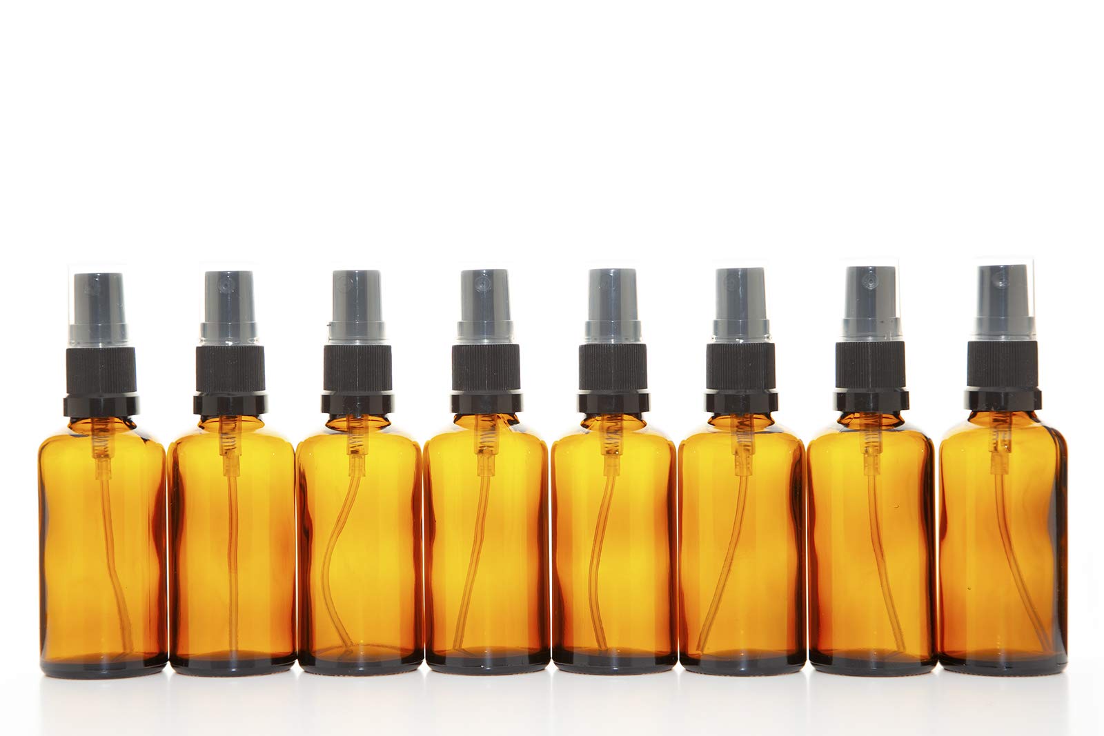 Aura 50ml AMBER Glass Bottles with Black ATOMISER Sprays - PACK of 8