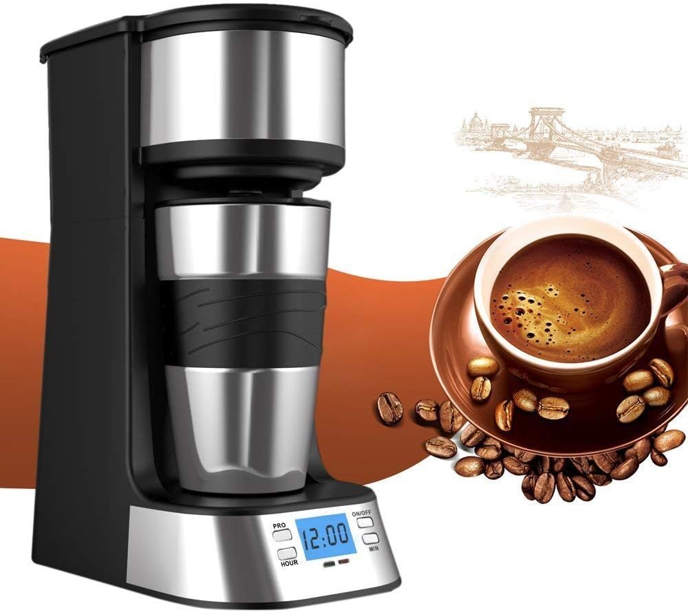 eTTgear Coffee Maker, One Cup Brewer Dripper with Travel Coffee Mug Black & Stainless Steel, Silver