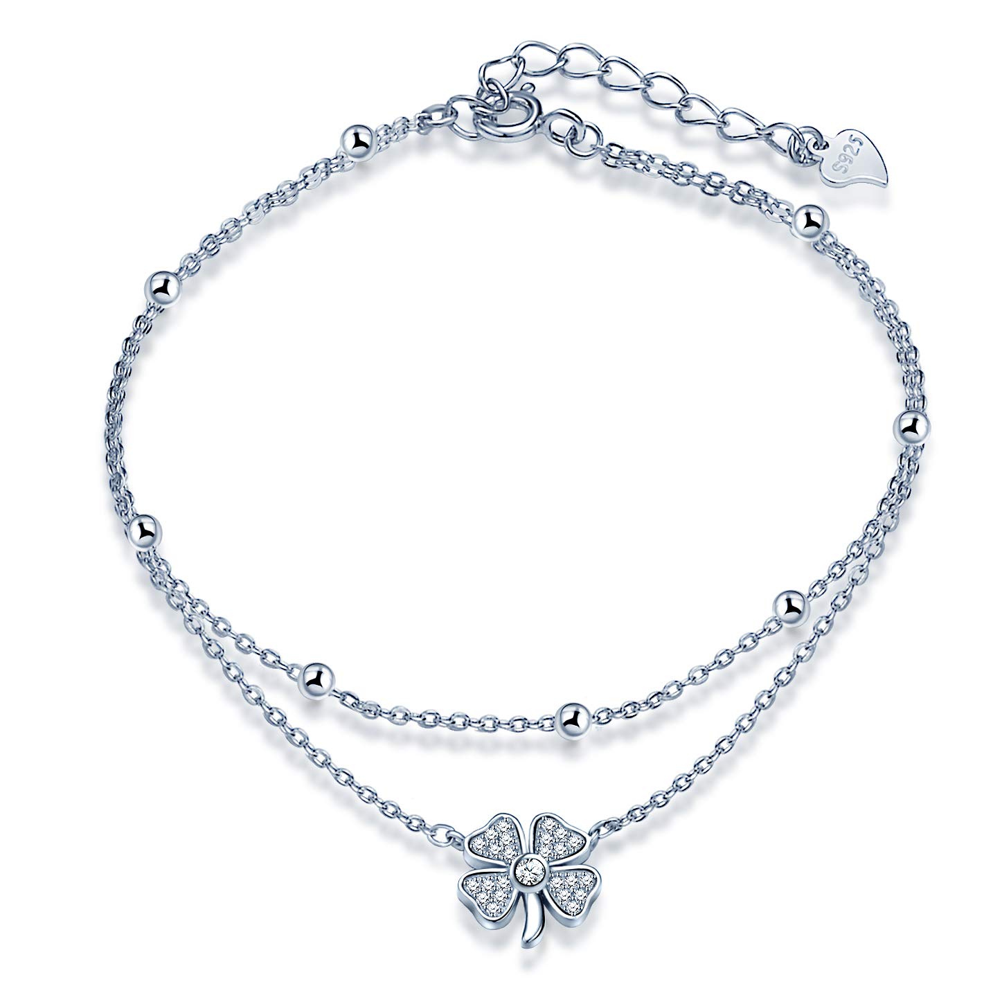 Yumilok 925 Sterling Silver Simple Design Cubic Zirconia Four Leaf Clover Double Link Anklets for Women