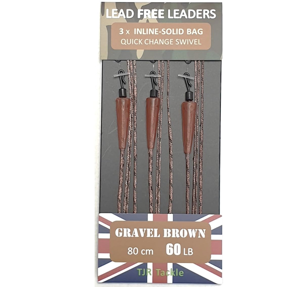 TJR Tackle Solid Bag Inline Leaders Lead Free Quick Change Swivels 60lb Test 3 per pack Carp Fishing Tackle (Gravel Brown)