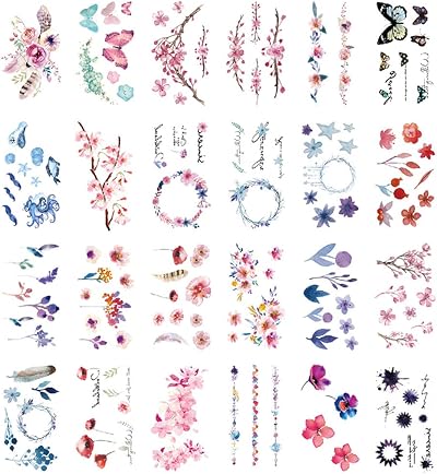 Yesallwas 30 Sheets Kids Temporary Tattoos Watercolor Cherry Blossoms Feathers