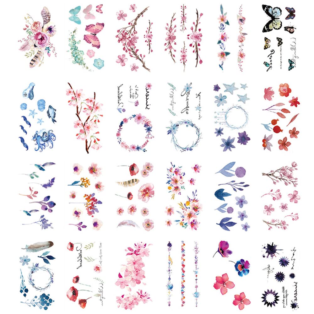 30 Sheets Cute Temporary Tattoos by Yesallwas, Fake Tattoos Stickers for Kids, Girls & Teens - Watercolor Cherry Blossoms, Feathers, Butterflies, Garland & Dolphin Designs