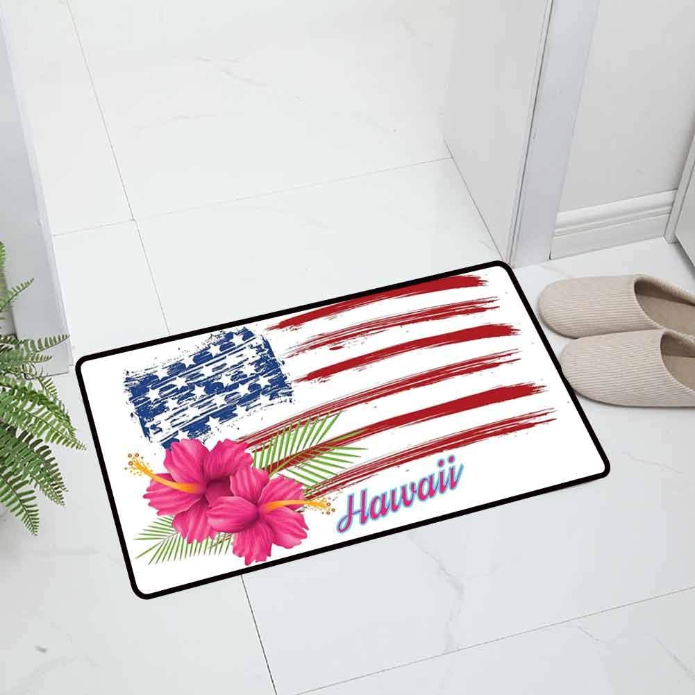 Hawaiian Indoor Outdoor Floor Mats Office Door Mat American Flag Stars and Stripes Hibiscus Leaves Hawaii USA Patriotic Art Durable, 23.5 x 15.5 inch Purple