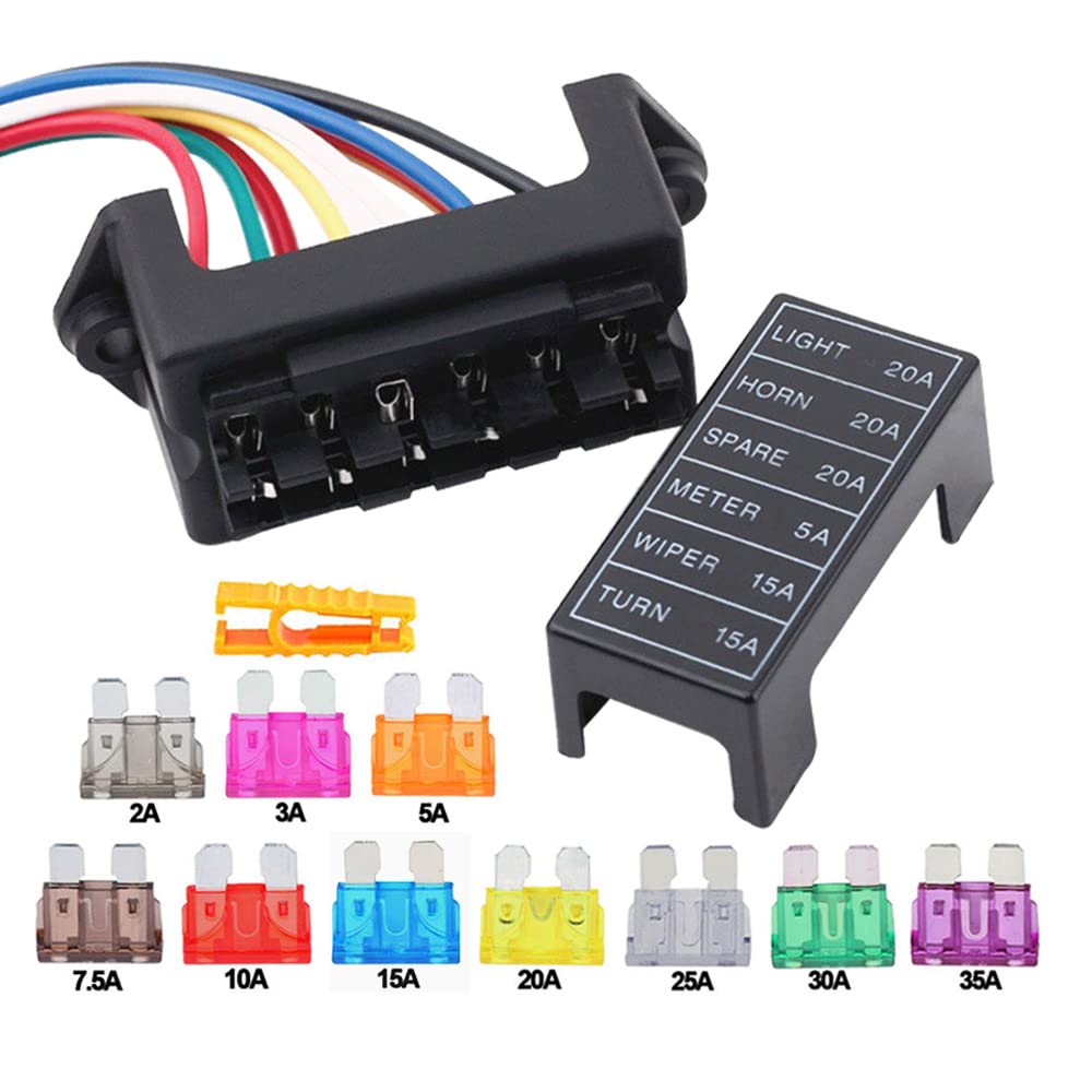 Aiqeer 6 Way Car Blade Fuse Box, 2 Input 6 Output Standard Blade Fuse Holder, Universal 12V/24V/32V/48V, Black