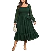 SCOMCHIC Women's Plus Size Dress Long Sleeve Square Neck Swiss Dot Chiffon Smocked A Line Ruffle Cocktail Maxi Dresses