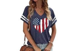 FXSPLCZ American Flag Shirts Women 4th of July V-Neck Short Sleeve Patriotic T-Shirt Memorial Day Graphic Tee Independence Day Tops