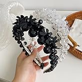 Wiwpar Crystal Rhinestone Headbands for Women Boho Sparkly Flower Head Bands Black Wide Pearl Beads Headband Hair Hoop Hair Accessories (black)