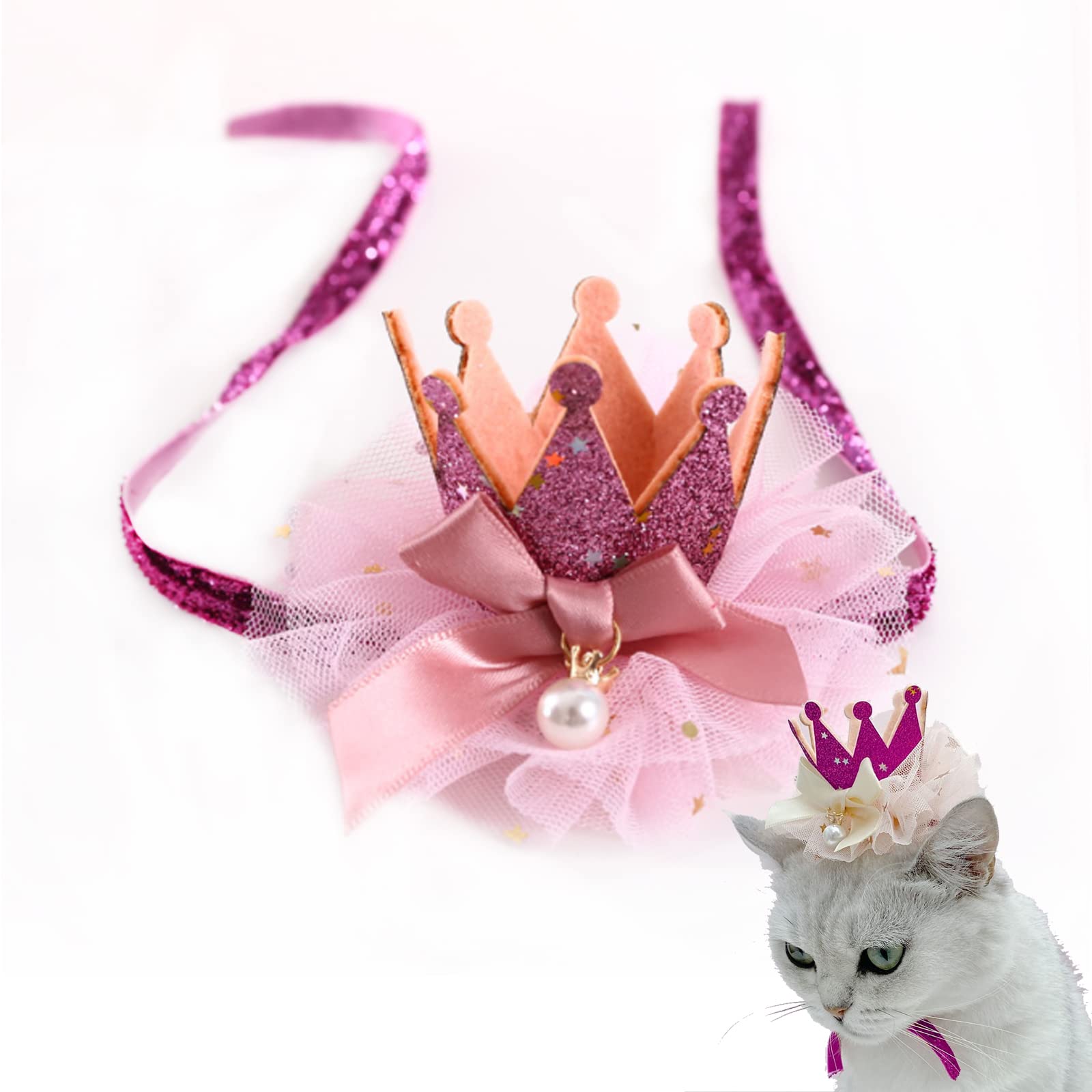 Dog Birthday Hat, Pet Cat Birthday Hat Cute Lace Dog Crown Hat Headwear Caps Costumes for Small Medium Puppy Kitten Party Decorations (PINK)