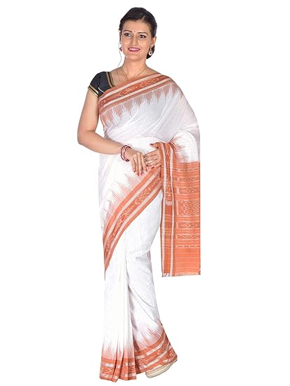ODISHA HANDLOOM Womens Sambalpuri Ikat Cotton Saree (OHAUG2019-32, White)