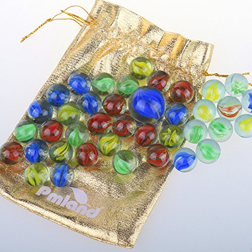PMLAND 40 Pcs Cats Eyes Glass Marbles Sling Shot Ammo Assorted Colors with a Free Bonus Shooter Marble Drawstring Storage Bag
