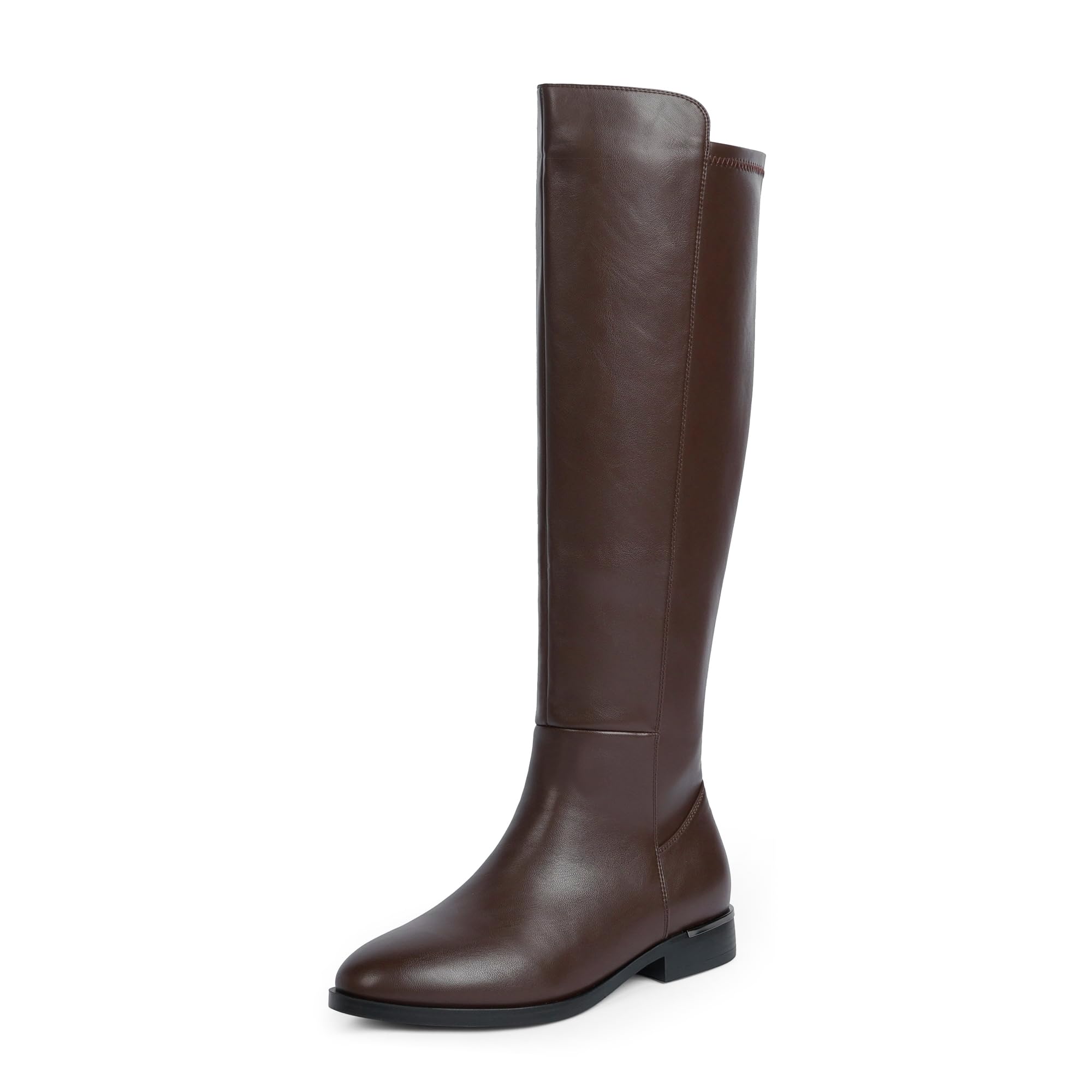 Photo 1 of Modatope Brown Rounded Toe Flat Knee High Boots Low Heel Elastic PU Leather Riding Boots Fashion Fall Winter Dress Boot Size 10