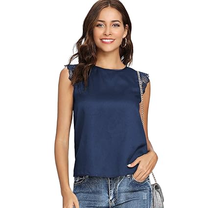 DIDK Damen Elegant Bluse Ärmellos mit Spitzen Rundrals Büro Tunika Oberteil für Sommer