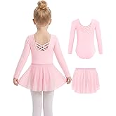 Gogokids 2PCS Long Sleeve Dance Leotards with Removable Skirt, Toddler Dance Dress for Ballet Class & Performance 3-11Years