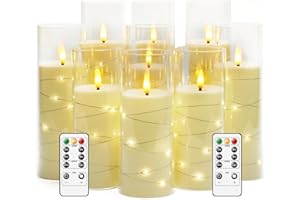 kakoya Flameless LED Candles with Timer 9 Pc Flickering Flameless Candles for Romantic Ambiance and Home Decoration Stable Acrylic Shell,with Embedded Star String，Battery Operated Candles（Ivory）