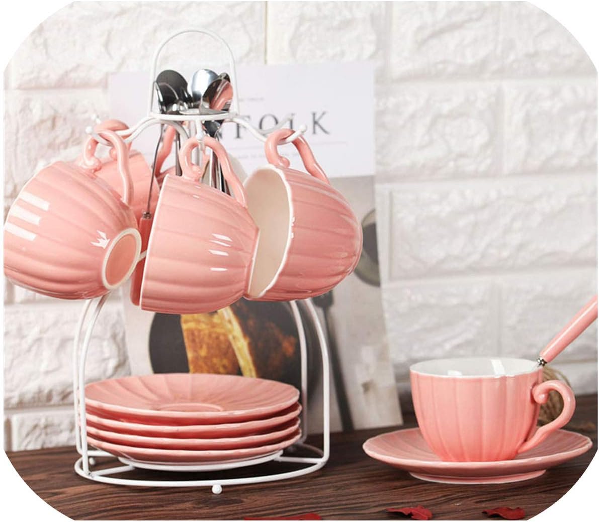 Solardream Bone Coffee Cup Saucer Set Teacups Ceramic Cup Porcelain Valentine Tea Mug Cup,6 Sets Spoon Shelf2