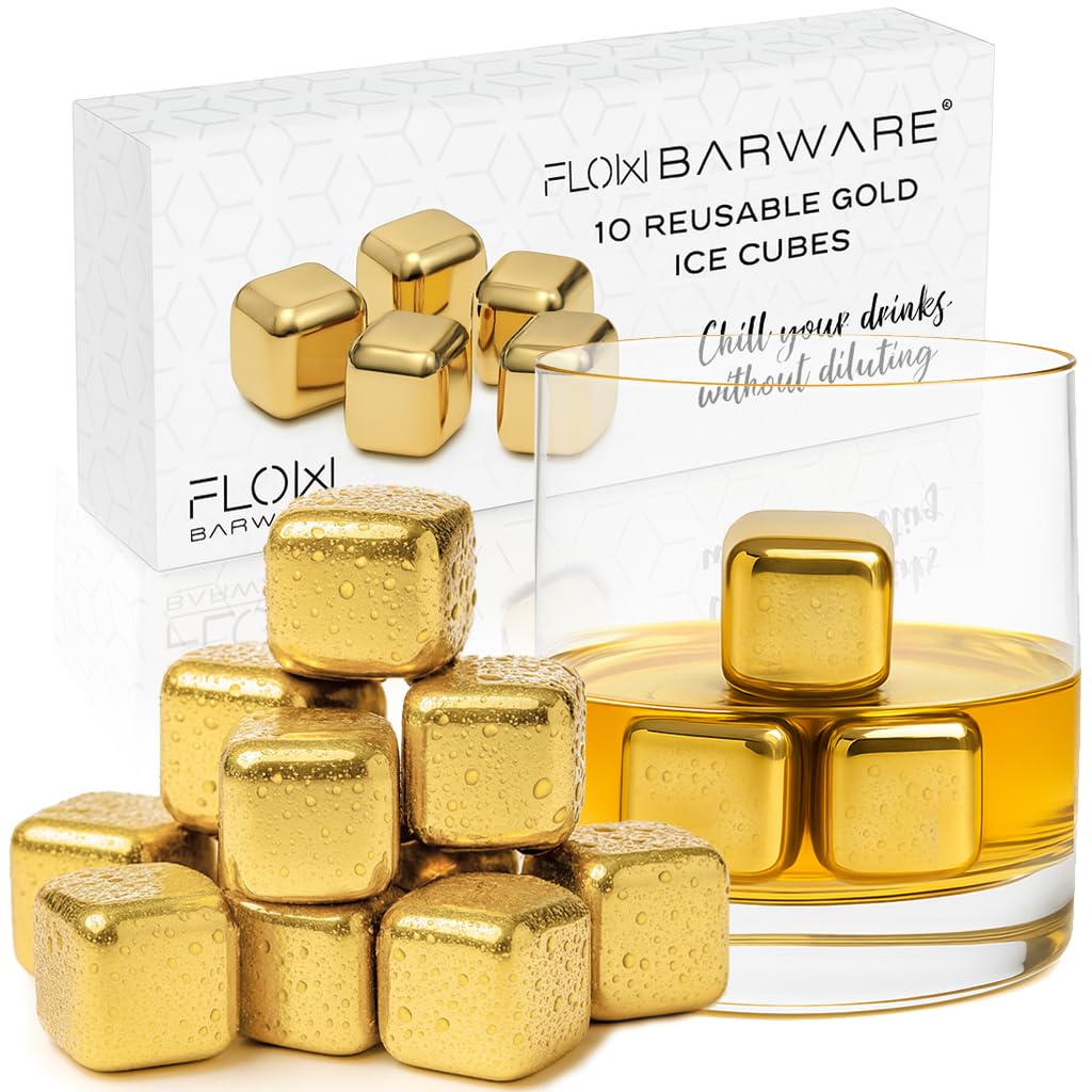 FLOW Barware Metal Whiskey Stones | 10x Metal Ice Cubes for Whiskey, Wine & Gin & Tonic | Steel Ice Cubes Filled with A Quick Freeze Gel for Undiluted Drinks | Gold