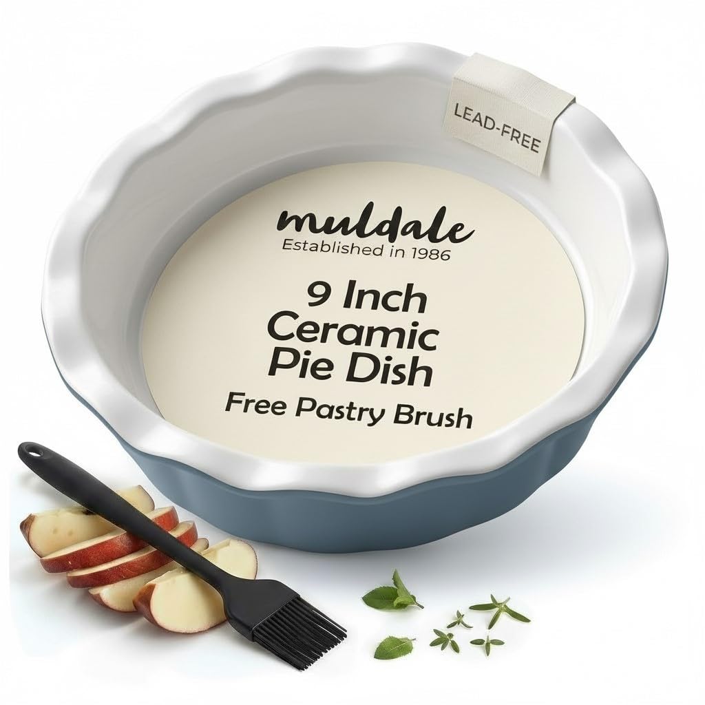 Muldale Ceramic Pie Dish 9 inch - 23cm Crumble Dish for Baking - Crinkle Rim Fruit Pie Dishes for the Oven - Ceramic Bakeware - Grey Blue