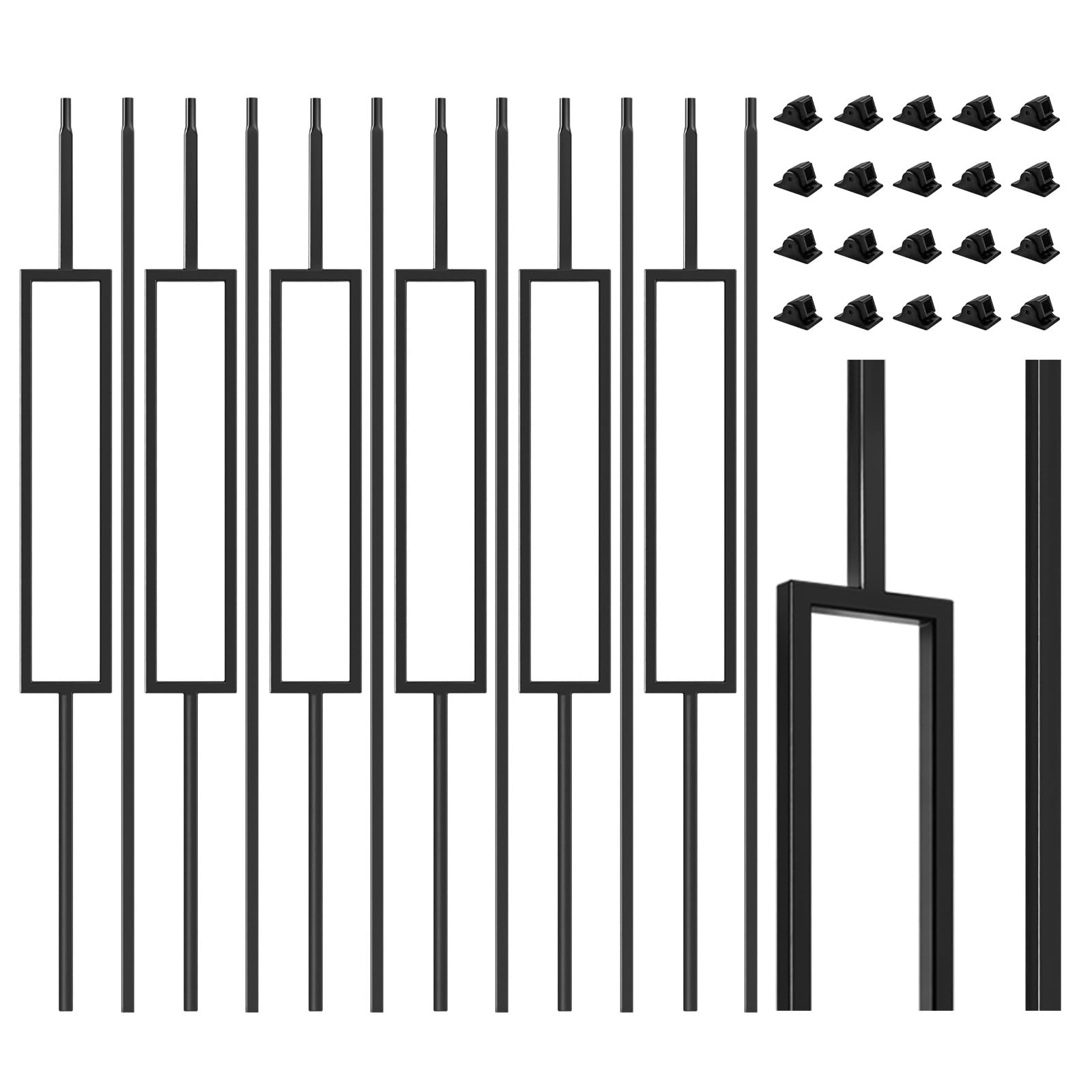 Photo 1 of 16 Pcs Wrought Iron Balusters for Staircase, 1/2" x 44" Rectangular Hollow Iron Spindles Deck Balusters with 32 Fixed Swivel Shoes, Deck Railing for Indoor Stairs - Matte Black