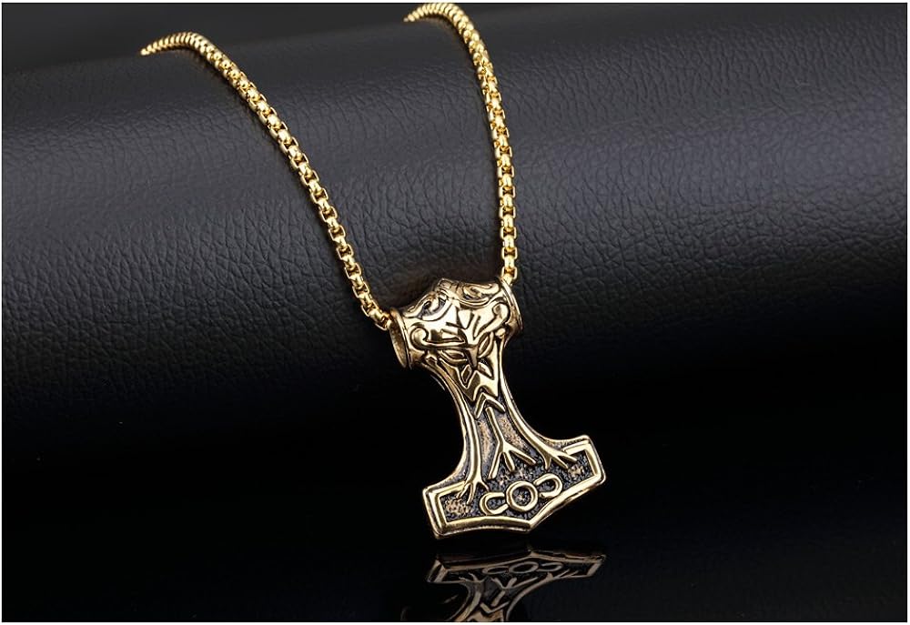 PAURO Mens Stainless Steel Thors Mjolnir Hammer Pendant Necklace Viking Gold with Chain - Image 4